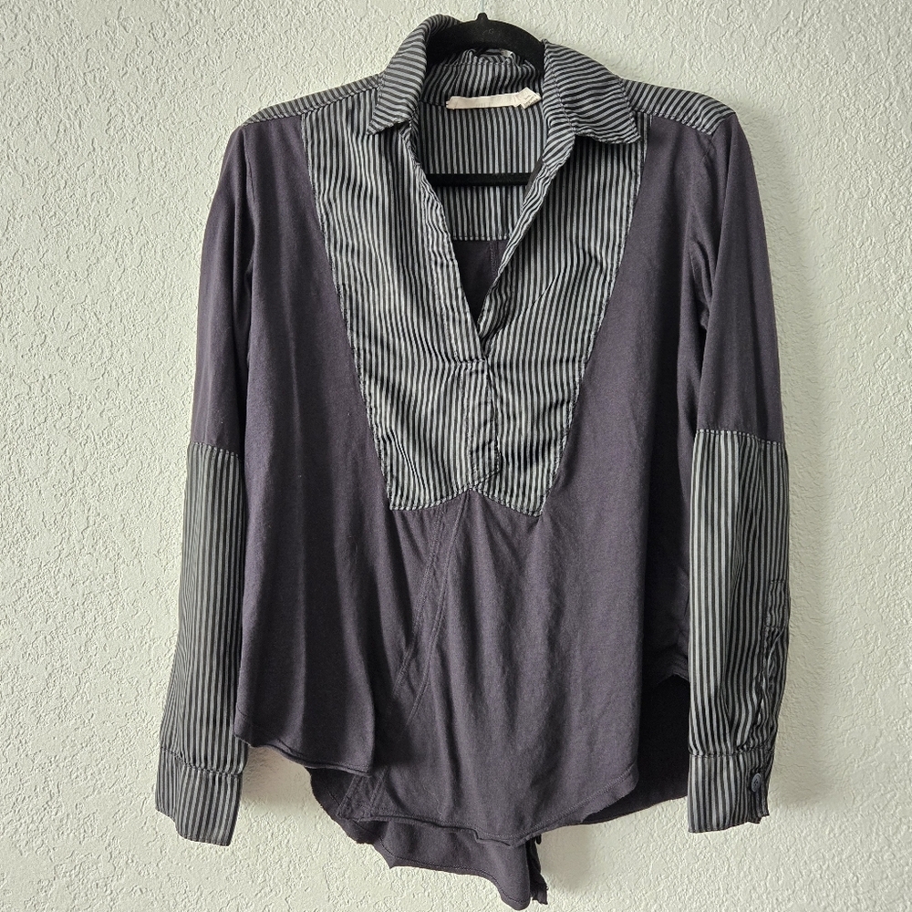 Wilt Womens Small Mixed Media Striped Panel V-Neck Top Grey Black W684772 USA